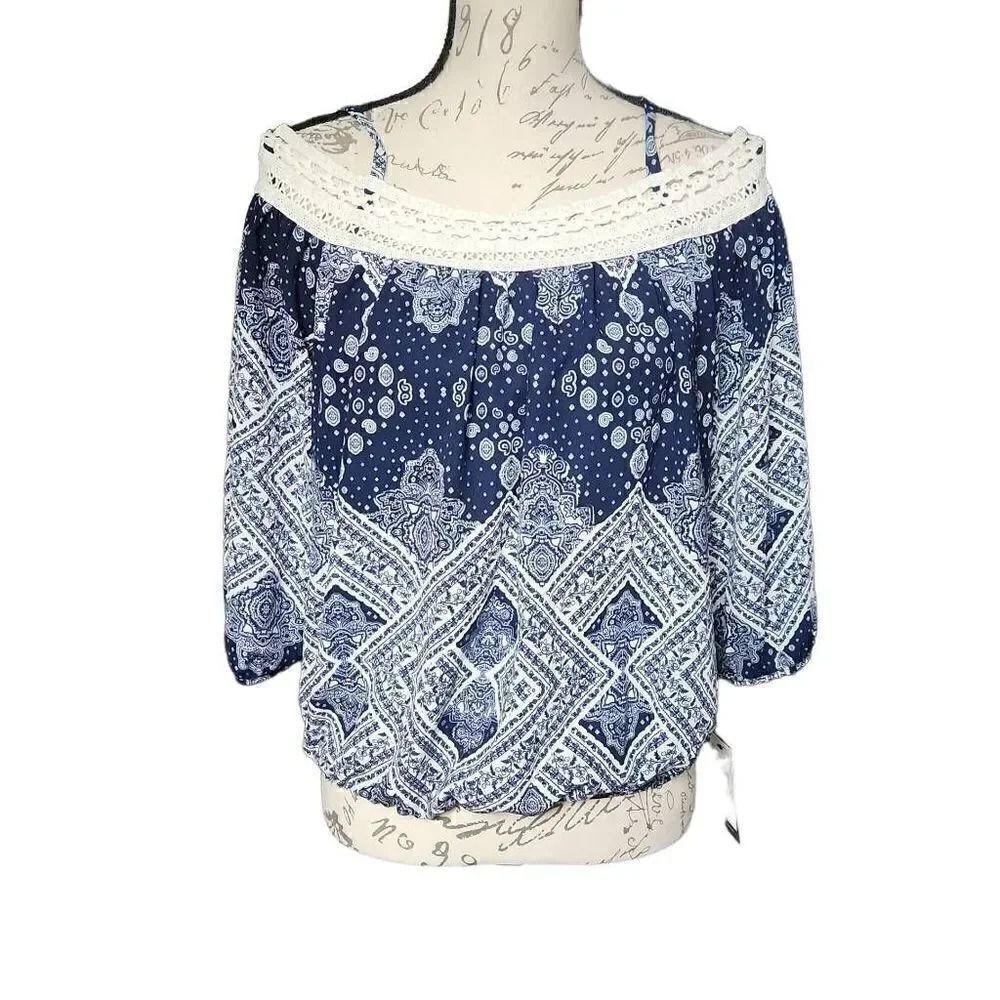 BCX Ladies Navy & White Bandana Paisley Print Cold Shoulder Blouse - Size Medium